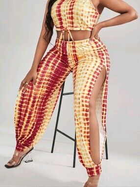 SHEIN Red & Yellow Tie-Dye Side-Slit Wide Leg Pants